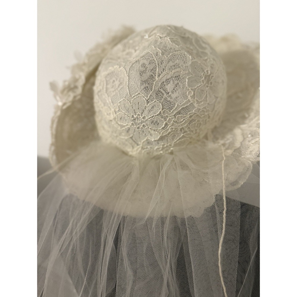 Vintage bohemian Floral Bridal Hat with Veil Ivory Lace Wedding Church 34" long‎ - Picture 4 of 12